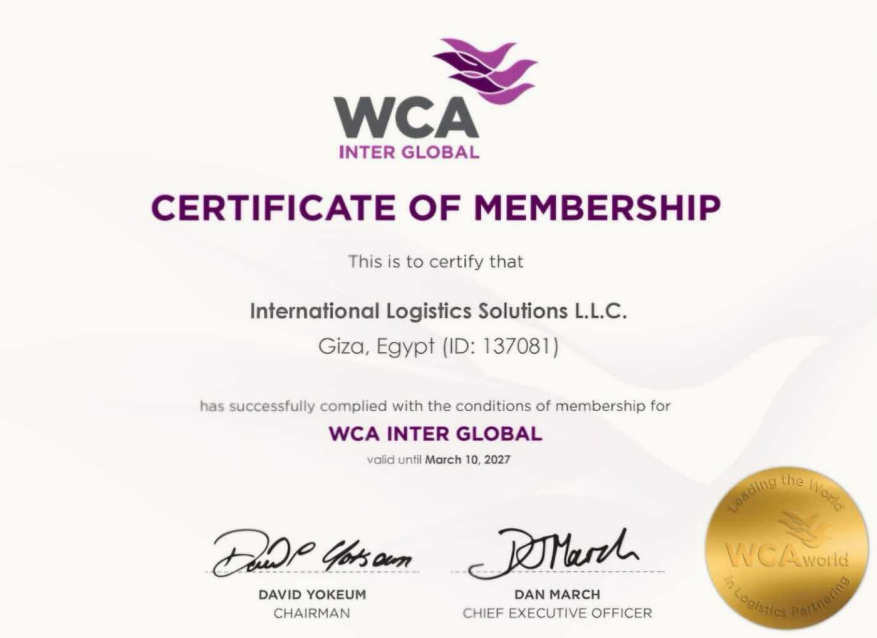 WCA Inter Global Certificate of Membership
